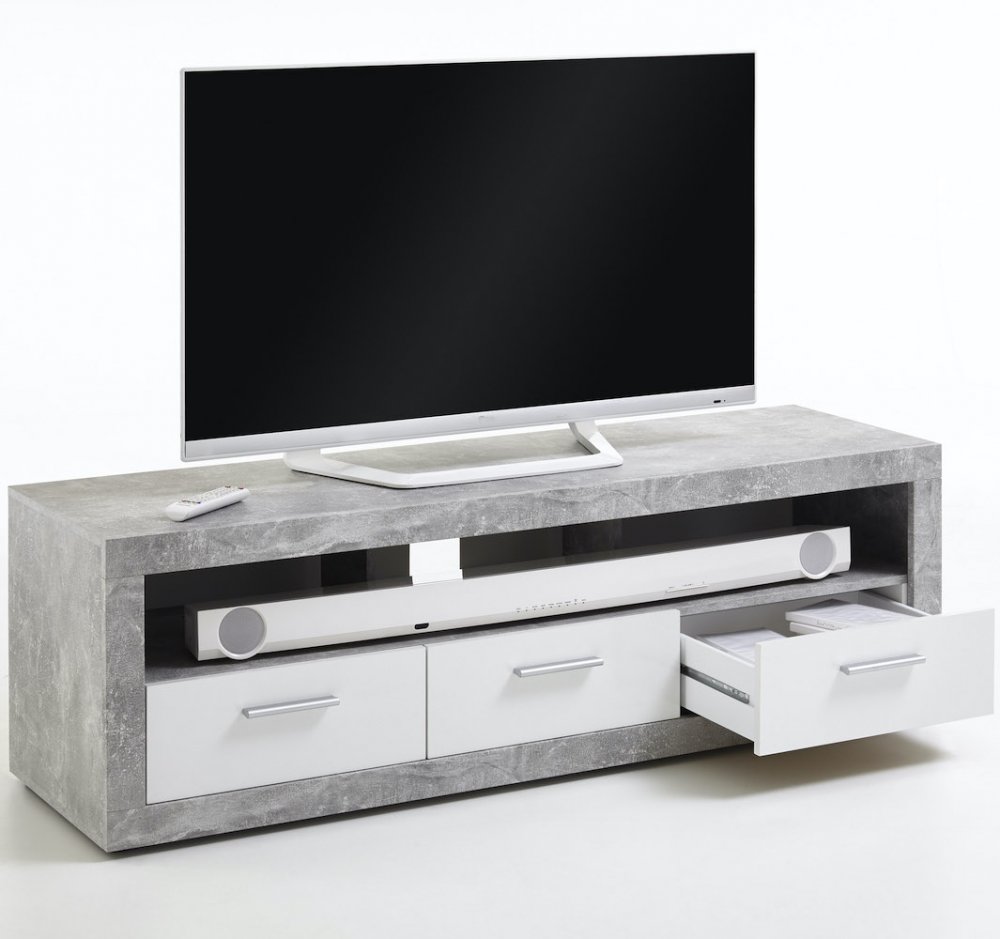 Meuble TV TOULON coloris gris béton et blanc brillant 3 tiroirs 1 plateau 